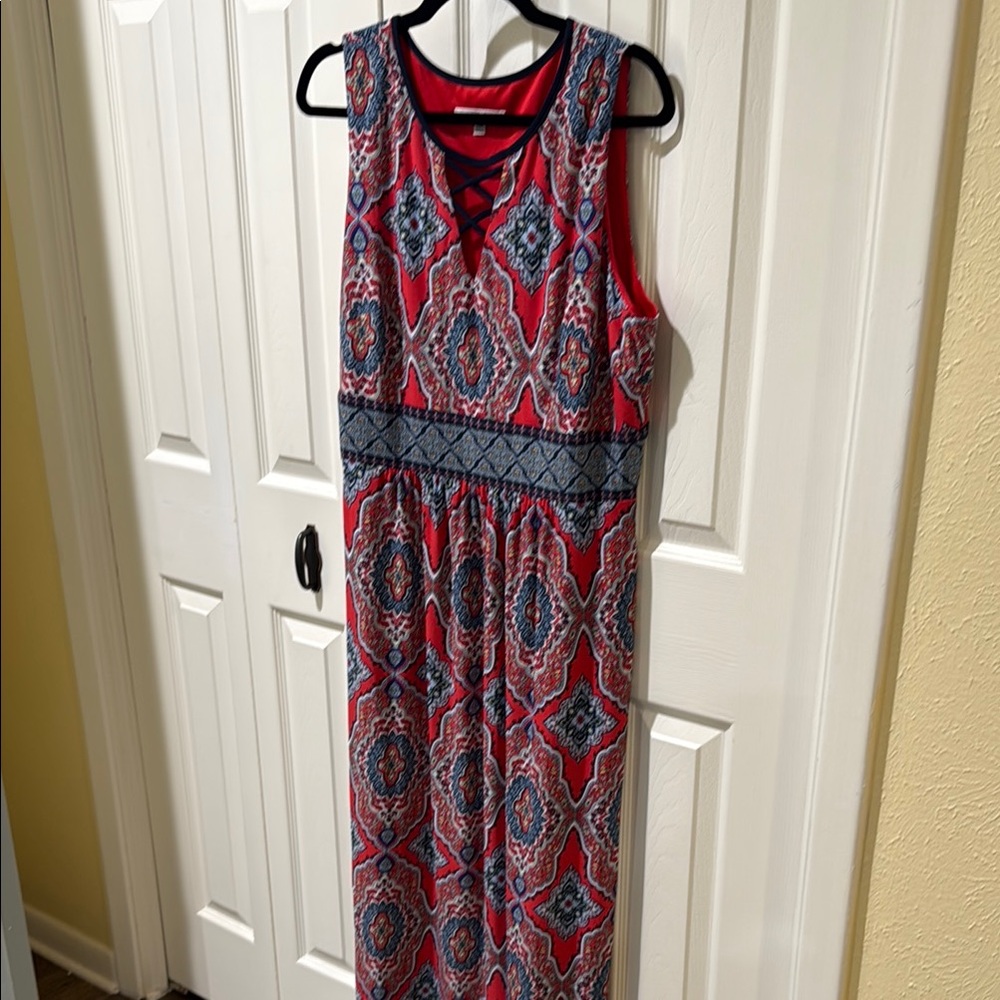 Red and Blue Sleeveless Mandala Boho Maxi Dress